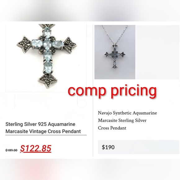 OBJ Vintage 925 Silver Aquamarine and Marcasite Cross Pendant - Picture 8 of 8